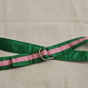Leather Man Green and Pink Grosgrain Ribbon Women's D Ring Belt